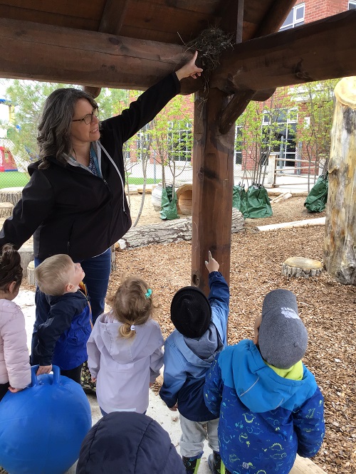 multiple children standing watching as an educator stands in front of them pointing at a birds nest up high in the corner of a wooden structure. One of the children is also pointing up to the nest.