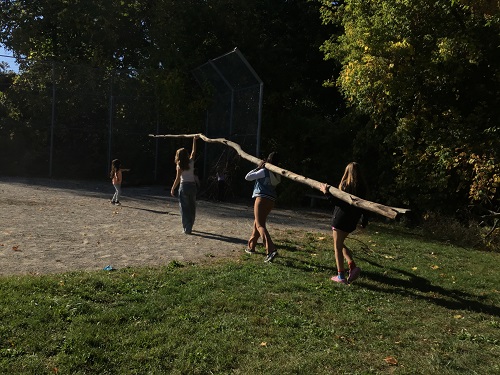3 School Age 2 children carrying a long log together over their shoulder, while another School Age 2 child points in the distance