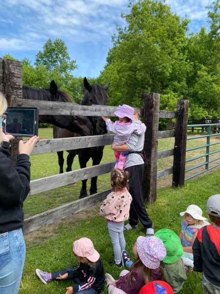 educator holds a girl while she pets a horse