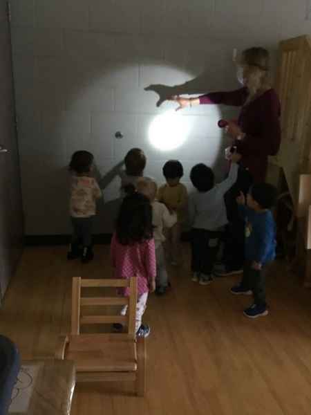 educator making shadow puppets and children observe