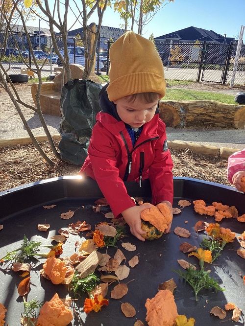 A toddler squishing orange playdough onto a small pumpkin