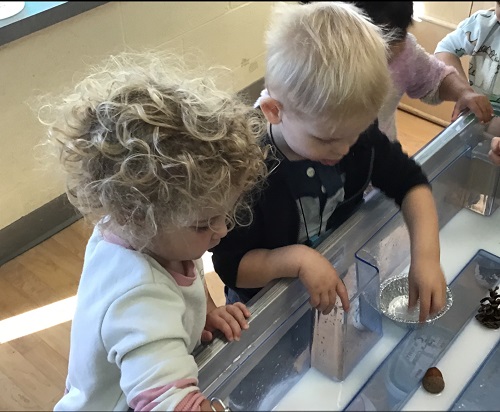 Toddlers exploring the fall soup, sensory bin with water, leaves, cups and containers.